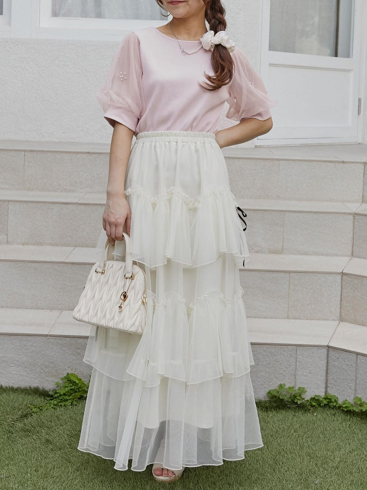 マジェスティックレゴン MAJESTIC LEGON パールチュールスリーブトップス （ホワイト） ホワイト