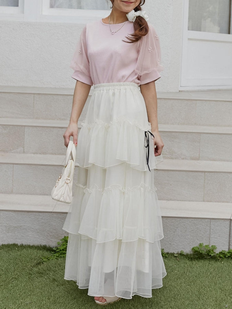 マジェスティックレゴン MAJESTIC LEGON パールチュールスリーブトップス （ホワイト） ホワイト