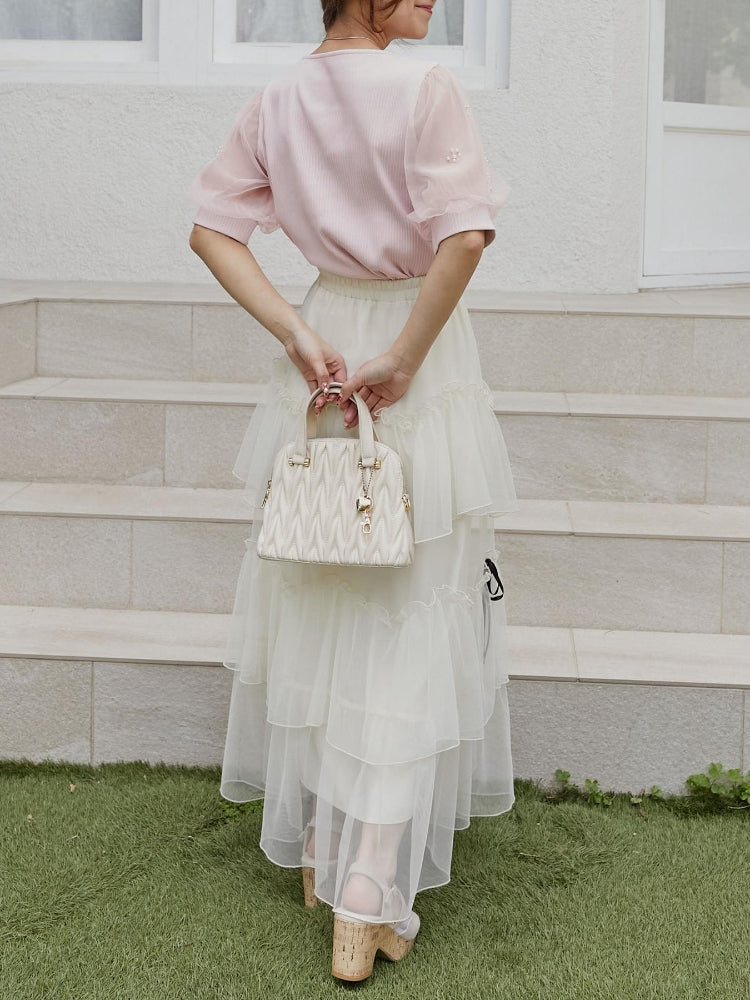 マジェスティックレゴン MAJESTIC LEGON パールチュールスリーブトップス （ホワイト） ホワイト