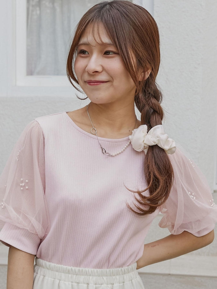 マジェスティックレゴン MAJESTIC LEGON パールチュールスリーブトップス （ホワイト） ホワイト