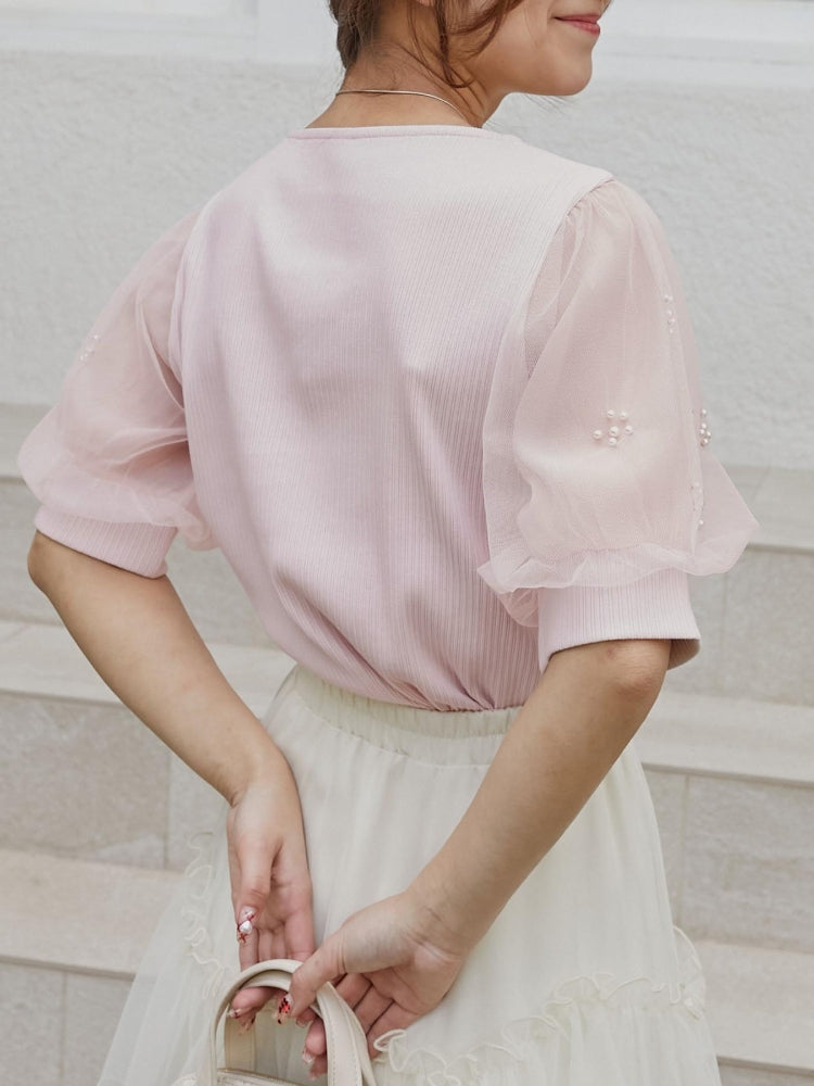 マジェスティックレゴン MAJESTIC LEGON パールチュールスリーブトップス （ホワイト） ホワイト