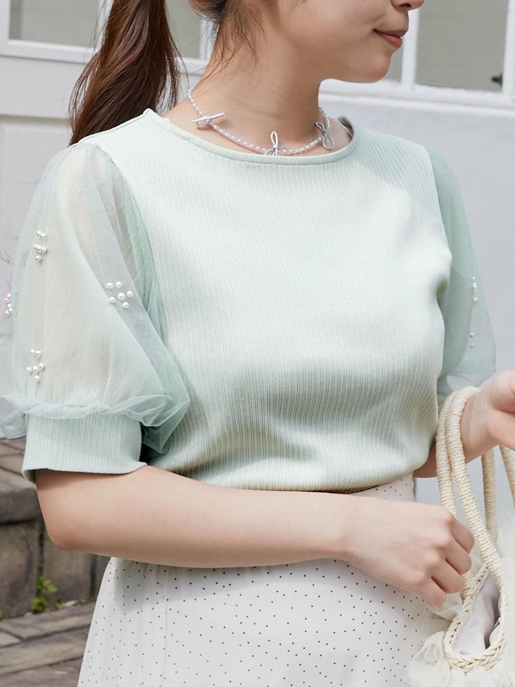 マジェスティックレゴン MAJESTIC LEGON パールチュールスリーブトップス （グリーン） グリーン