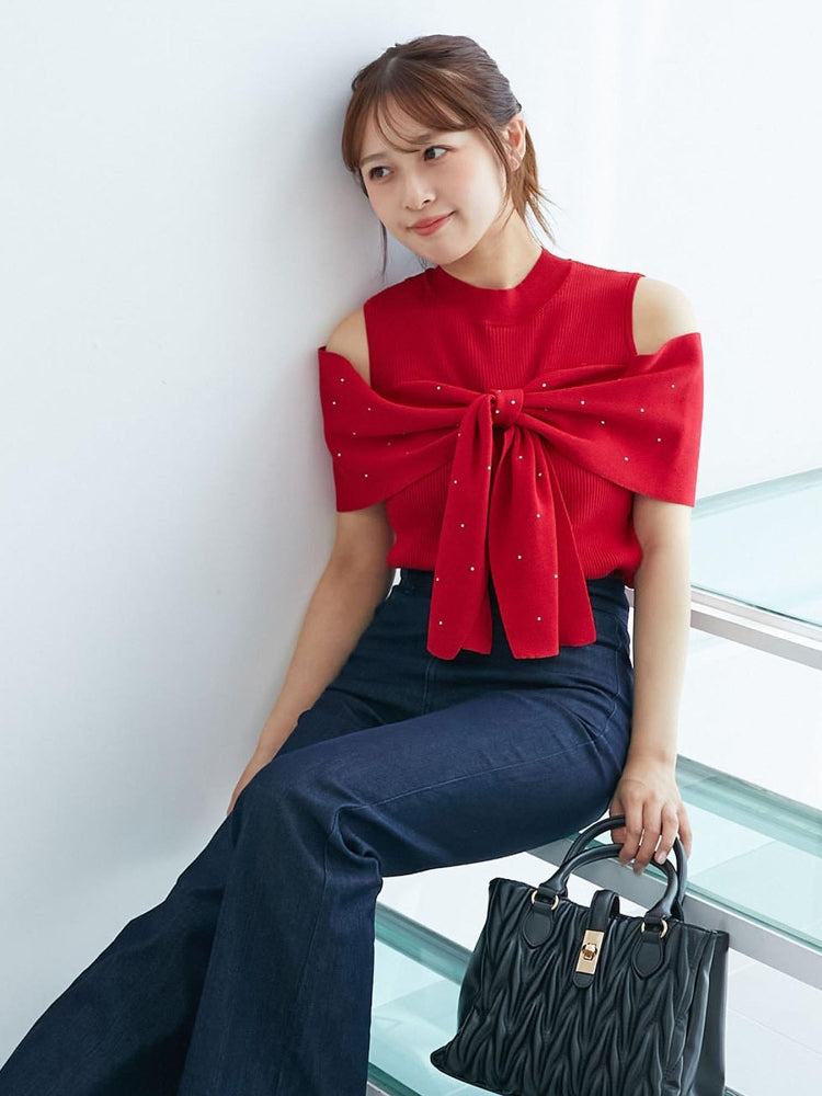 マジェスティックレゴン MAJESTIC LEGON パールチェーンビジューリボンニット （レッド） レッド