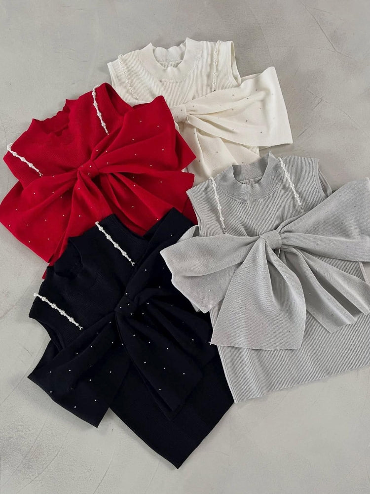 マジェスティックレゴン MAJESTIC LEGON パールチェーンビジューリボンニット （レッド） レッド