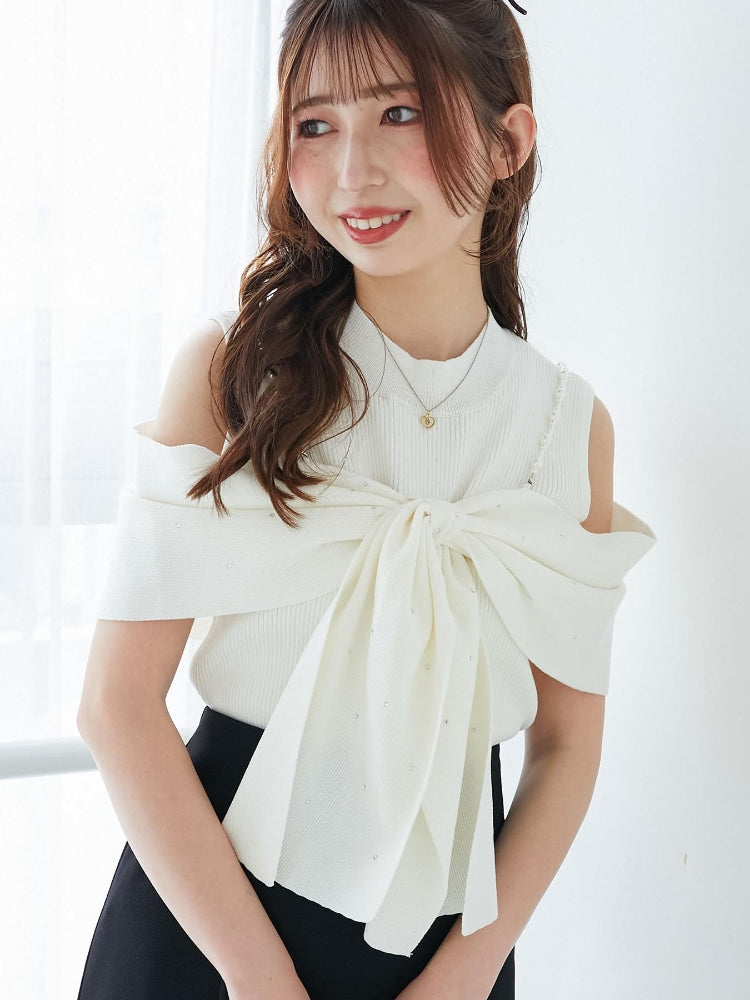 マジェスティックレゴン MAJESTIC LEGON パールチェーンビジューリボンニット （レッド） レッド