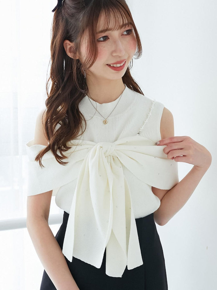 マジェスティックレゴン MAJESTIC LEGON パールチェーンビジューリボンニット （レッド） レッド