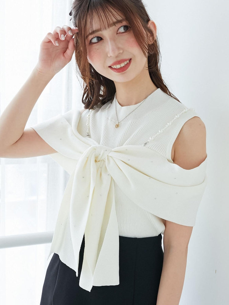 マジェスティックレゴン MAJESTIC LEGON パールチェーンビジューリボンニット （レッド） レッド