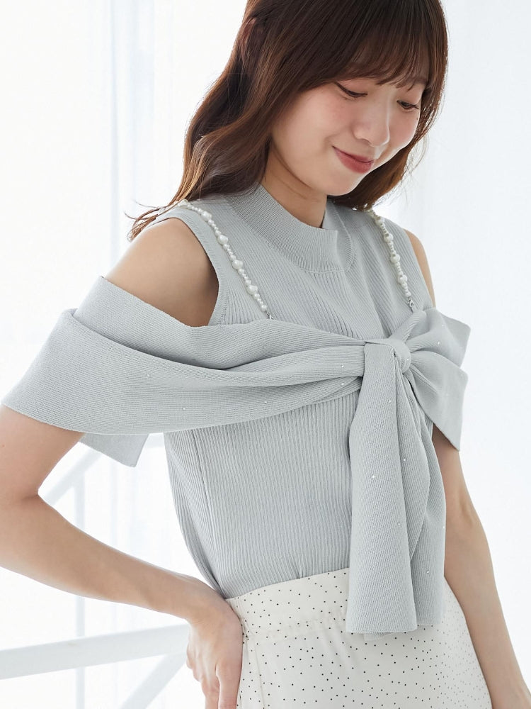 マジェスティックレゴン MAJESTIC LEGON パールチェーンビジューリボンニット （レッド） レッド