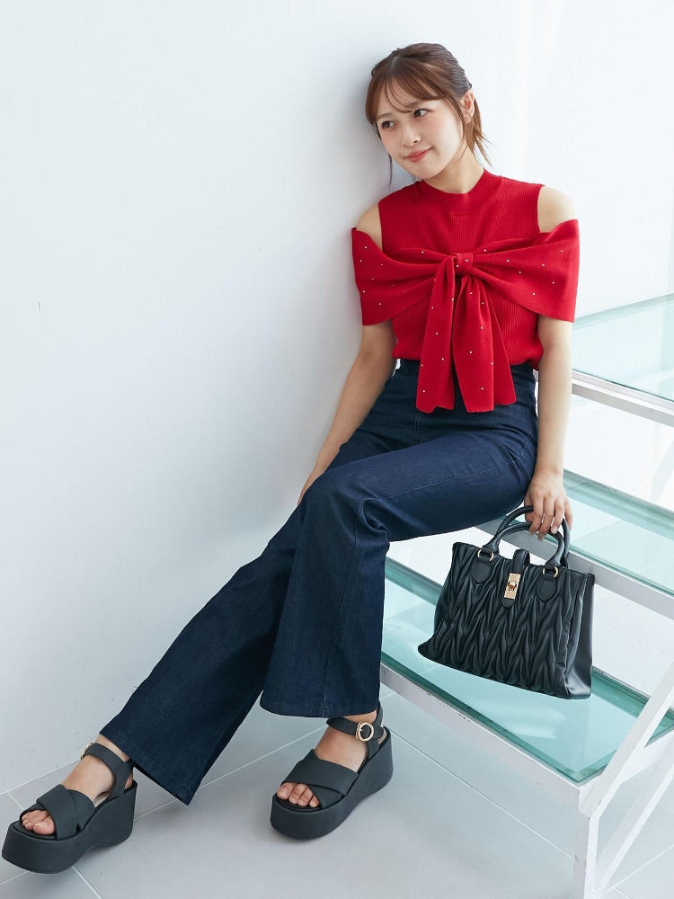 マジェスティックレゴン MAJESTIC LEGON パールチェーンビジューリボンニット （レッド） レッド