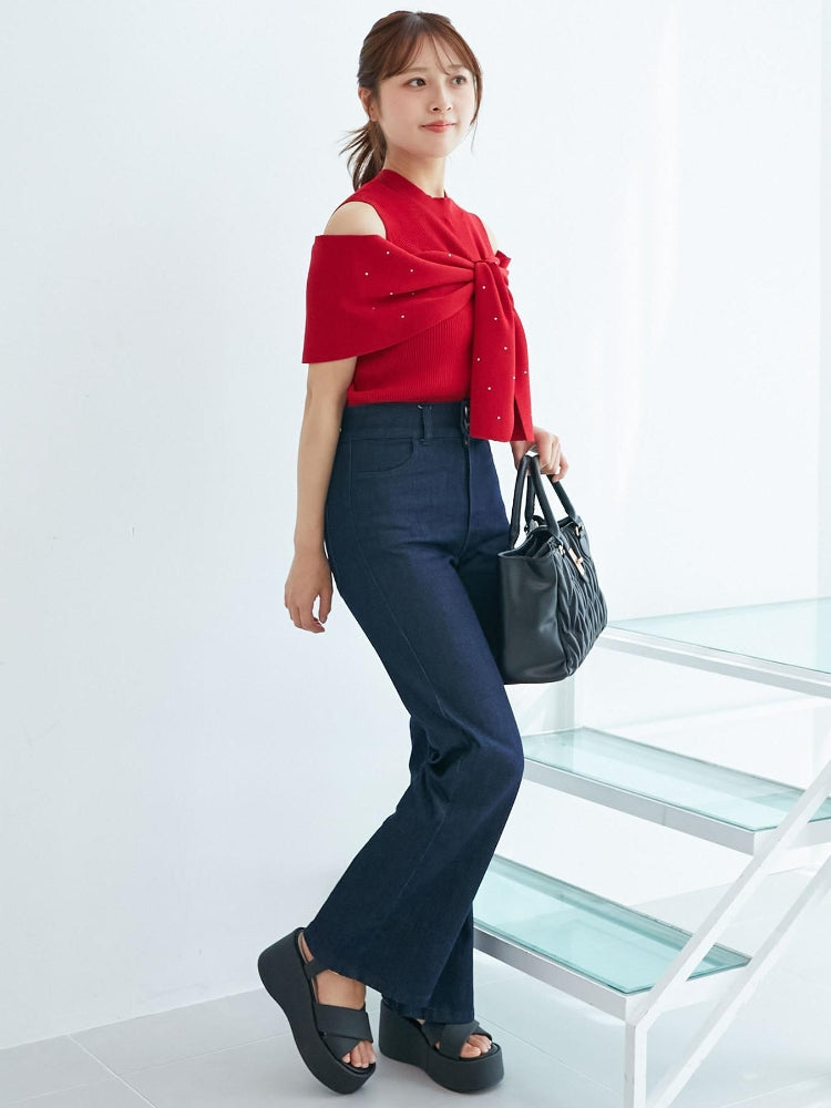 マジェスティックレゴン MAJESTIC LEGON パールチェーンビジューリボンニット （レッド） レッド