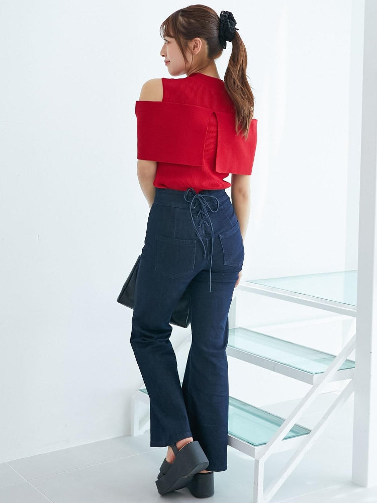 マジェスティックレゴン MAJESTIC LEGON パールチェーンビジューリボンニット （レッド） レッド