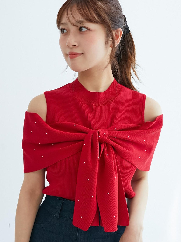 マジェスティックレゴン MAJESTIC LEGON パールチェーンビジューリボンニット （レッド） レッド