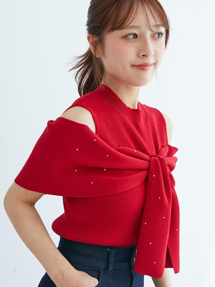 マジェスティックレゴン MAJESTIC LEGON パールチェーンビジューリボンニット （レッド） レッド