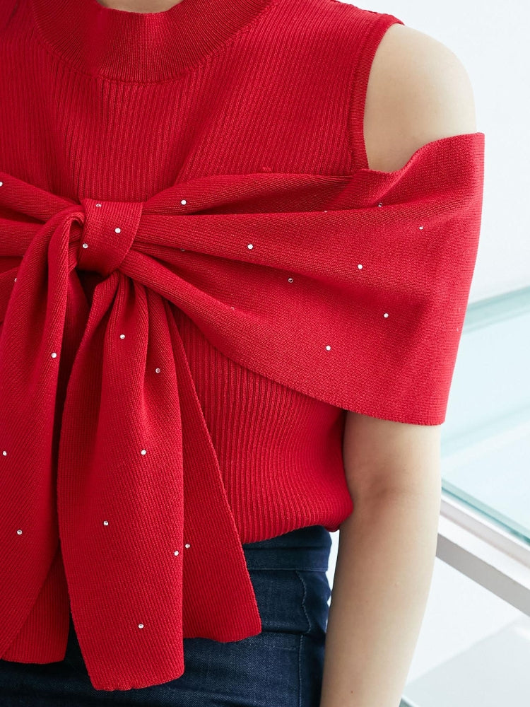 マジェスティックレゴン MAJESTIC LEGON パールチェーンビジューリボンニット （レッド） レッド