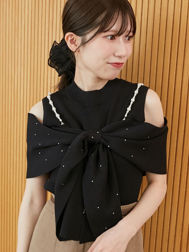 マジェスティックレゴン MAJESTIC LEGON パールチェーンビジューリボンニット （レッド） レッド