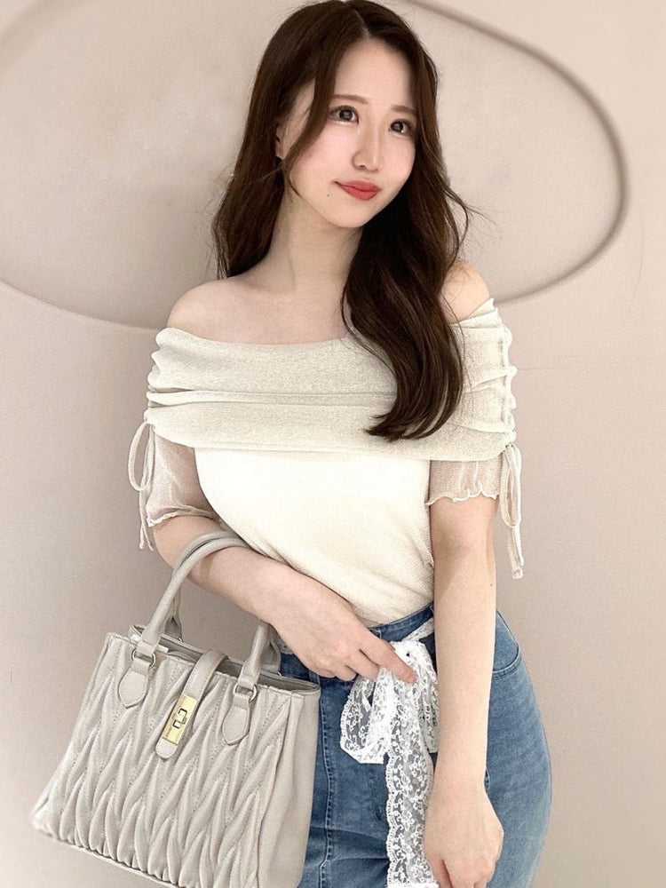 マジェスティックレゴン MAJESTIC LEGON ラメチュールオフショル半袖トップス （グレー） グレー