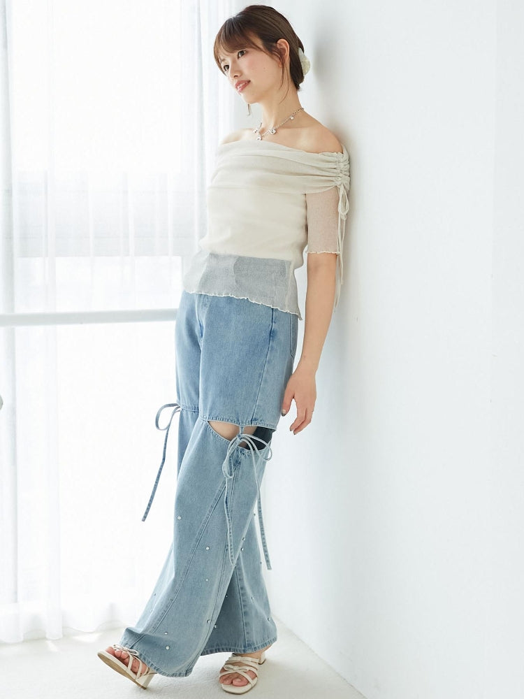 マジェスティックレゴン MAJESTIC LEGON ラメチュールオフショル半袖トップス （グレー） グレー