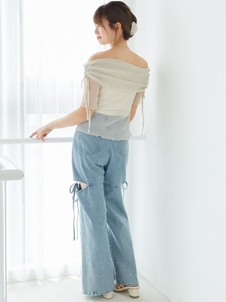 マジェスティックレゴン MAJESTIC LEGON ラメチュールオフショル半袖トップス （グレー） グレー