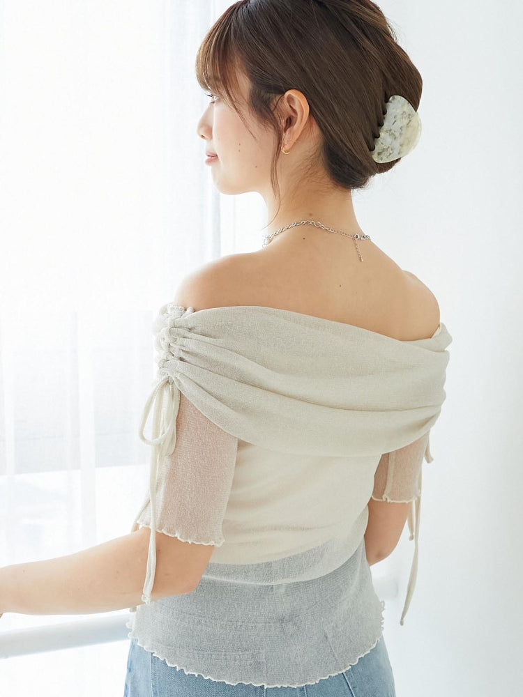 マジェスティックレゴン MAJESTIC LEGON ラメチュールオフショル半袖トップス （グレー） グレー