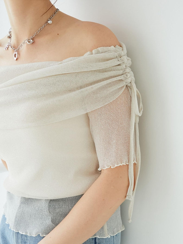 マジェスティックレゴン MAJESTIC LEGON ラメチュールオフショル半袖トップス （グレー） グレー