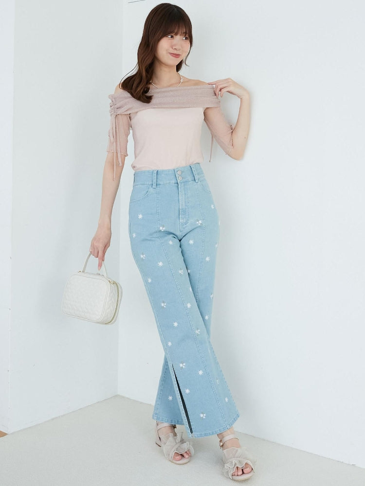 マジェスティックレゴン MAJESTIC LEGON ラメチュールオフショル半袖トップス （グレー） グレー