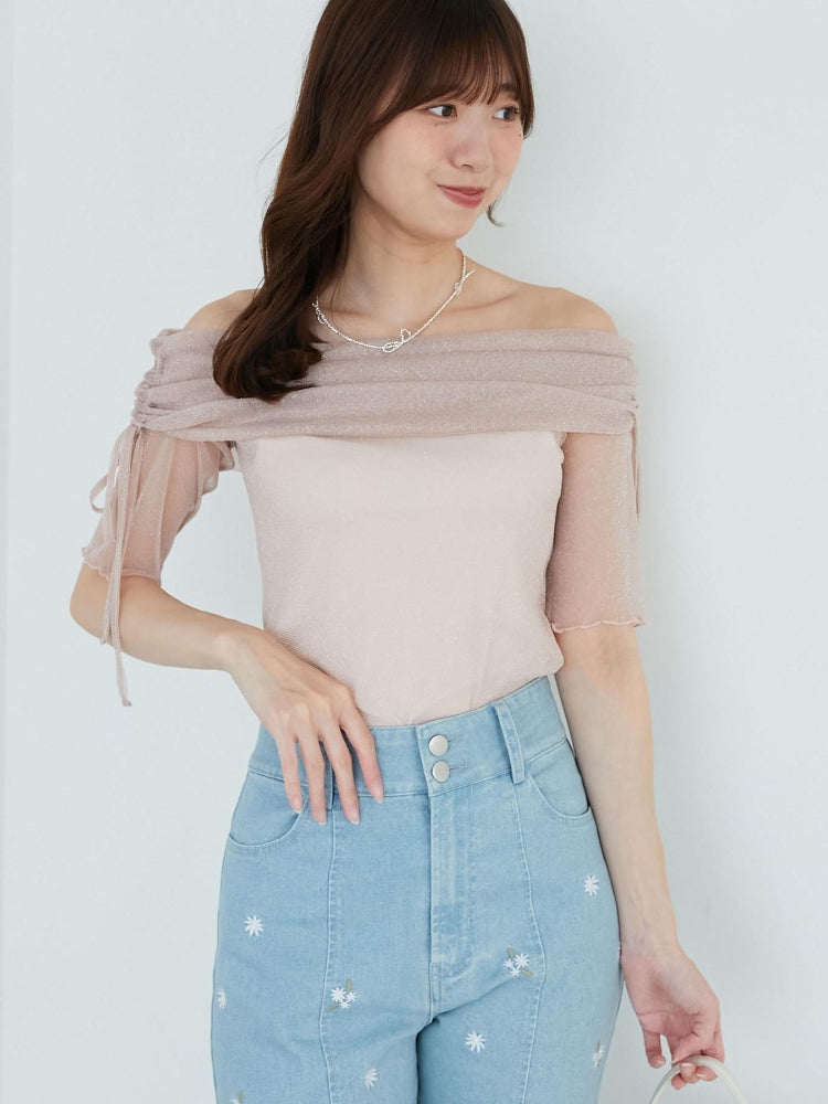 マジェスティックレゴン MAJESTIC LEGON ラメチュールオフショル半袖トップス （グレー） グレー