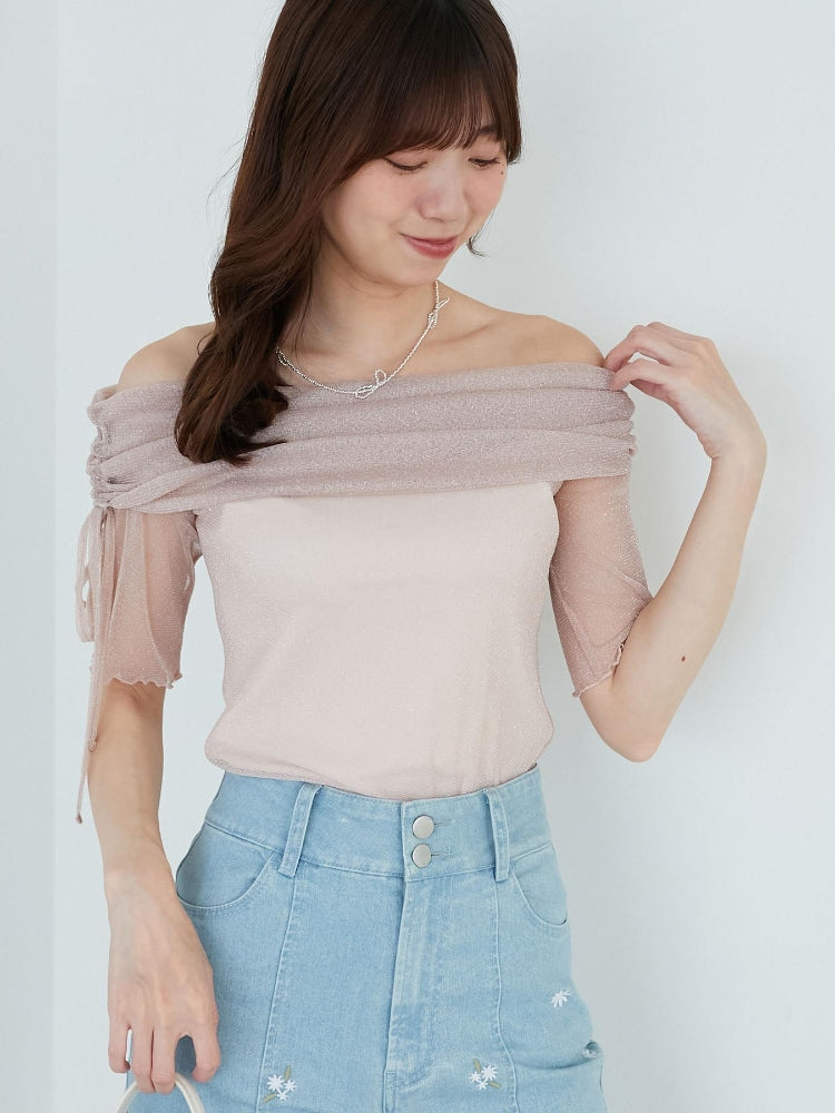 マジェスティックレゴン MAJESTIC LEGON ラメチュールオフショル半袖トップス （グレー） グレー