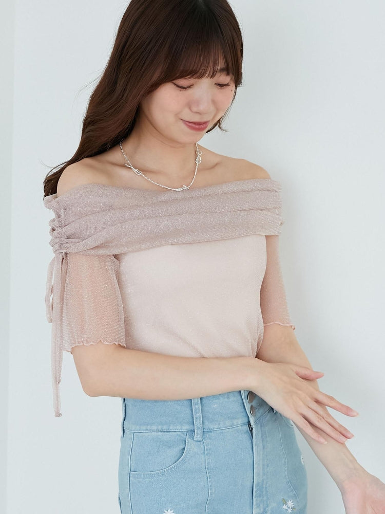 マジェスティックレゴン MAJESTIC LEGON ラメチュールオフショル半袖トップス （グレー） グレー