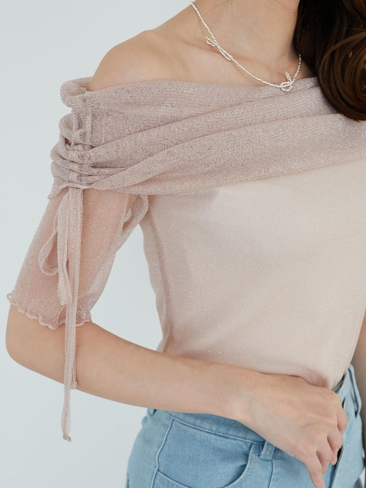 マジェスティックレゴン MAJESTIC LEGON ラメチュールオフショル半袖トップス （グレー） グレー