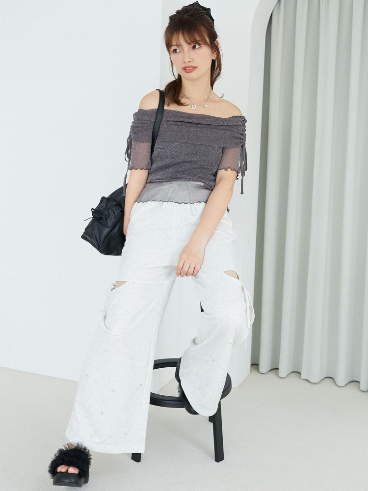 マジェスティックレゴン MAJESTIC LEGON ラメチュールオフショル半袖トップス （グレー） グレー