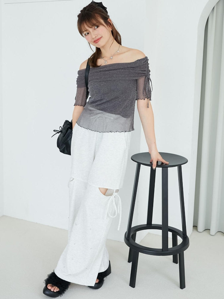 マジェスティックレゴン MAJESTIC LEGON ラメチュールオフショル半袖トップス （グレー） グレー