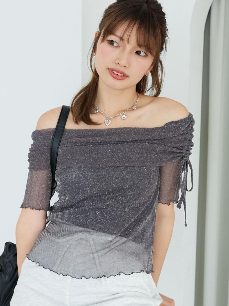 マジェスティックレゴン MAJESTIC LEGON ラメチュールオフショル半袖トップス （グレー） グレー