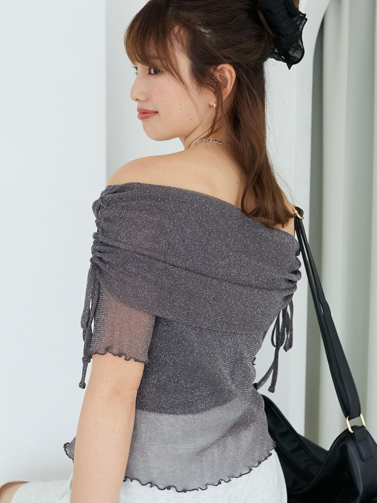 マジェスティックレゴン MAJESTIC LEGON ラメチュールオフショル半袖トップス （グレー） グレー