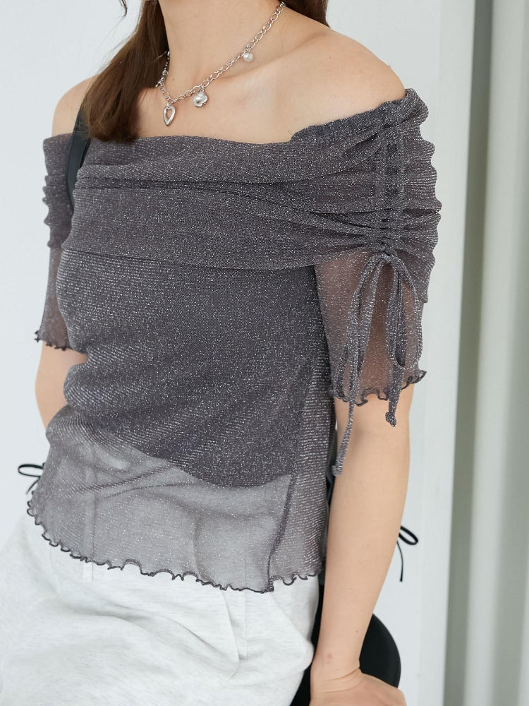 マジェスティックレゴン MAJESTIC LEGON ラメチュールオフショル半袖トップス （グレー） グレー