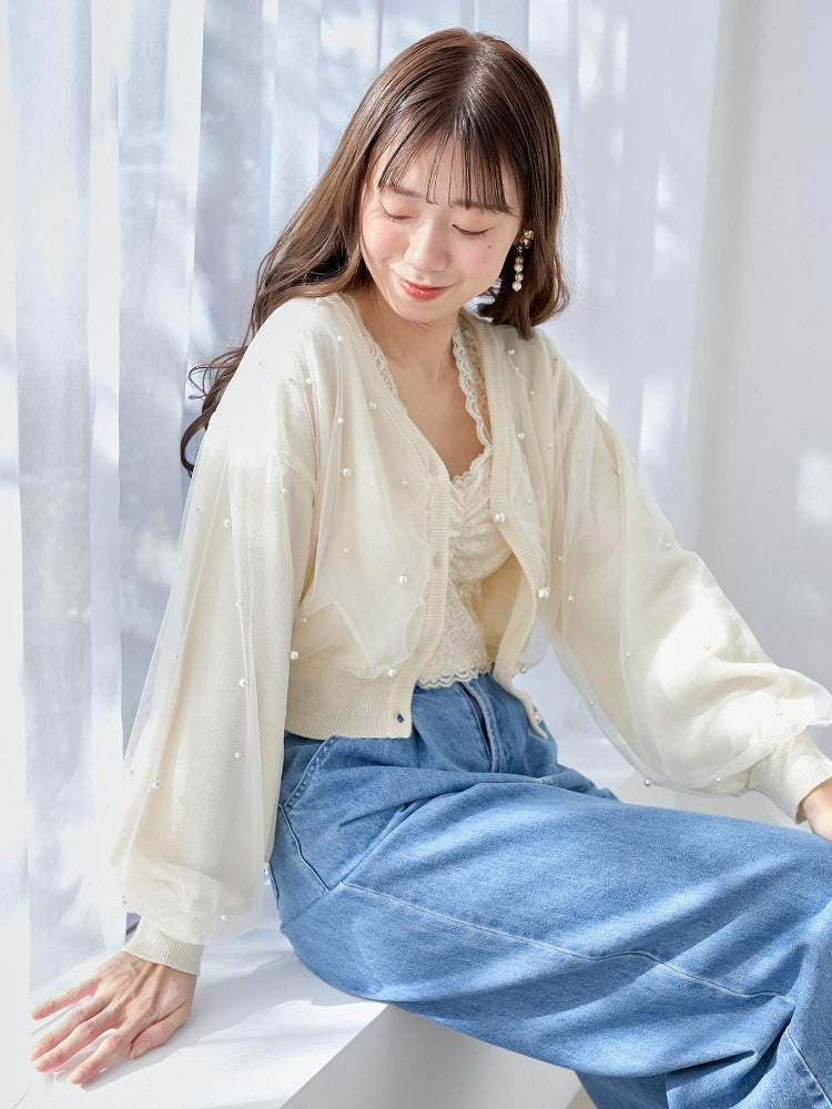 MAJESTIC LEGON パール×チュールショートニット（グレー） グレー