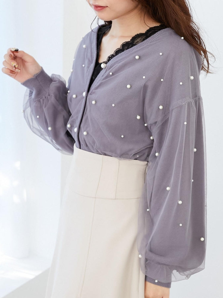 MAJESTIC LEGON パール×チュールショートニット（グレー） グレー