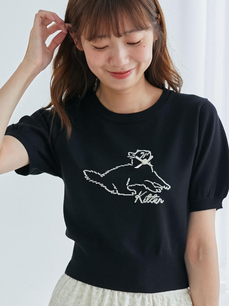 マジェスティックレゴン MAJESTIC LEGON キャットジャカード半袖ニット