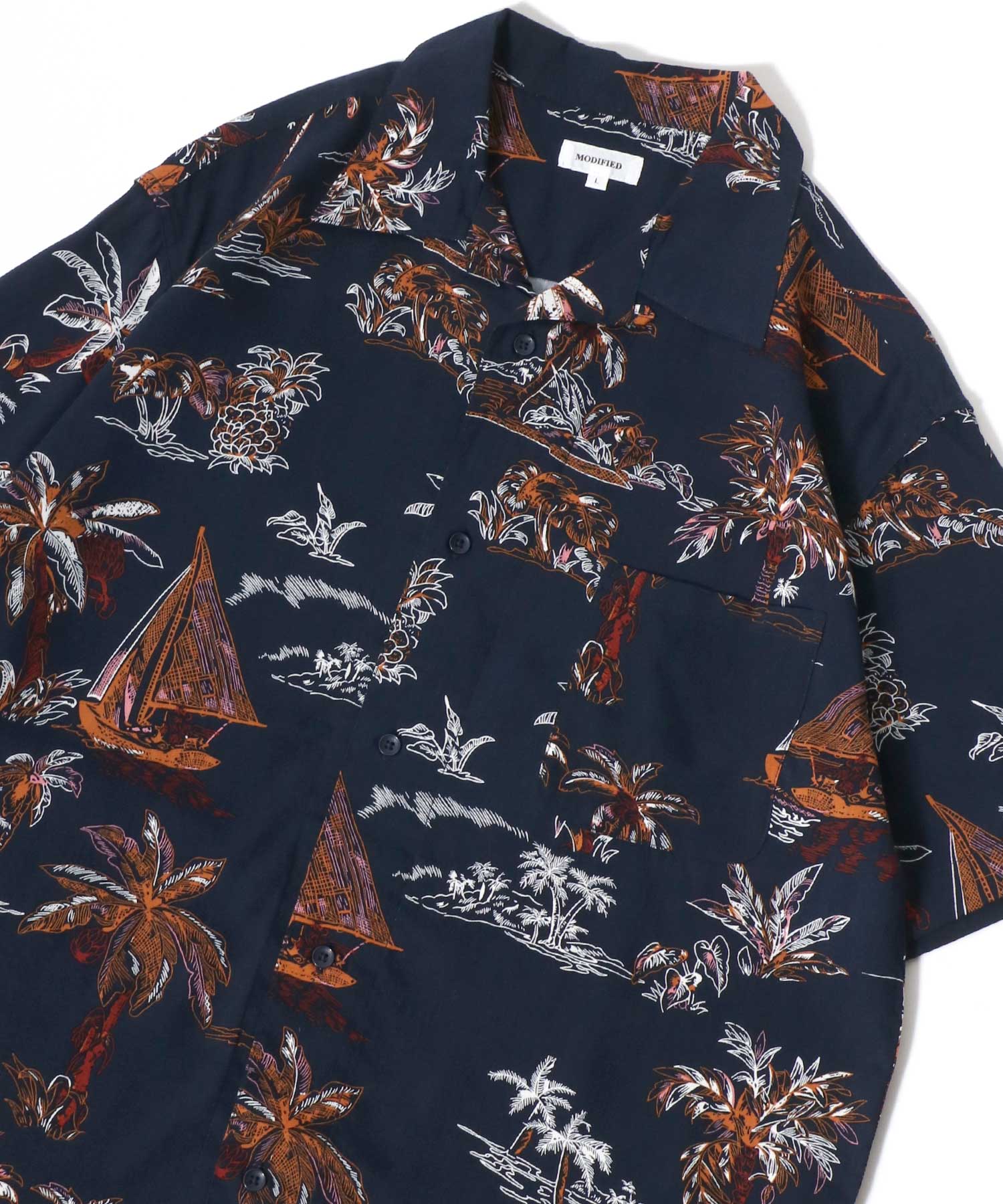 マルカワ MARUKAWA レーヨン アロハシャツ オープンカラー 開襟シャツ 半袖シャツ ハワイアンシャツ 柄 メンズ レディース （ネイビー系2） ネイビー系2