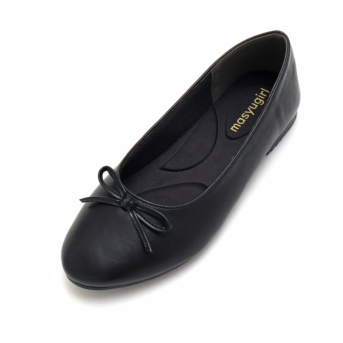 Mashugirl [4E wide/large size] Round toe flat ballet shoes with ribbon