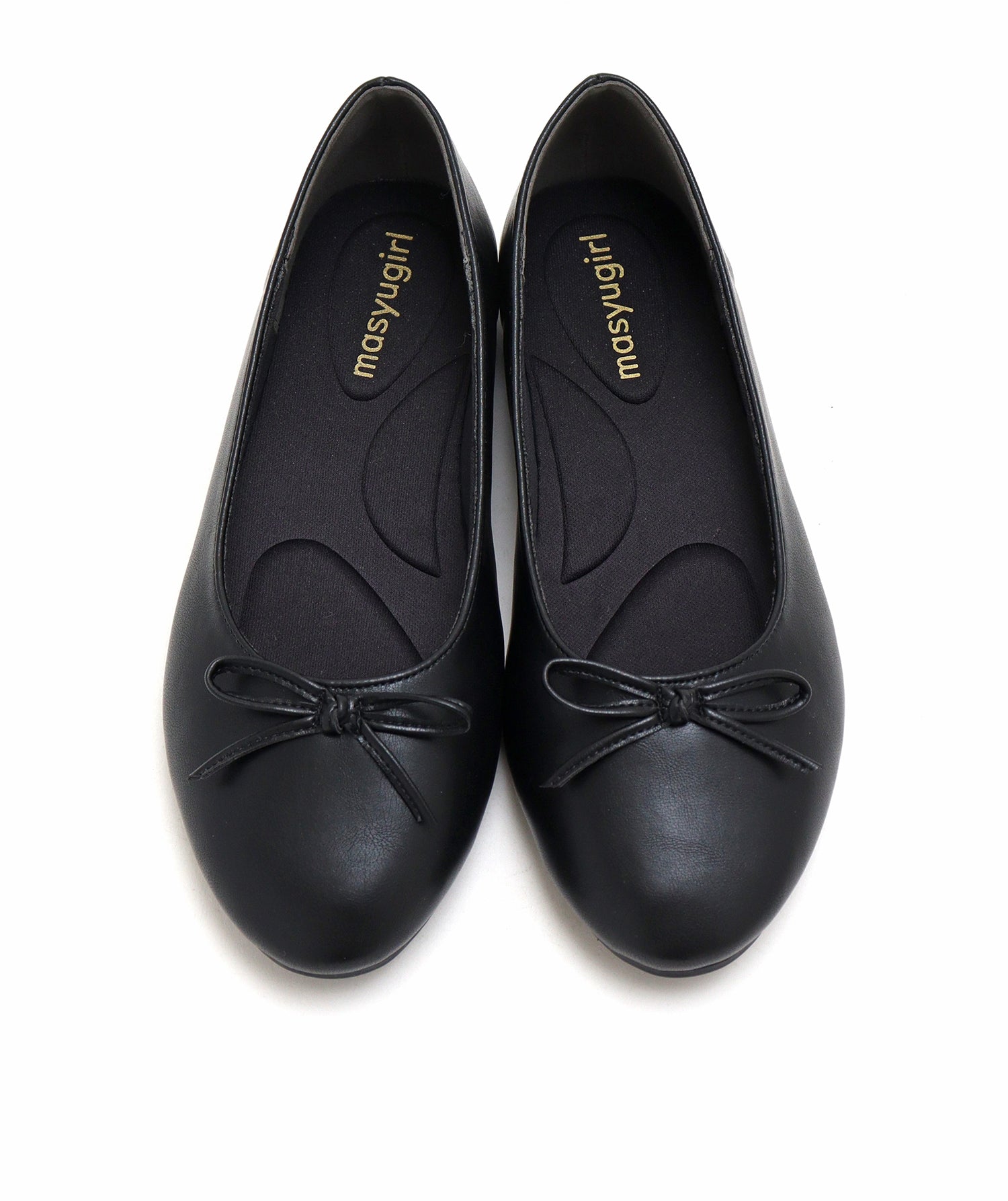 Mashugirl [4E wide/large size] Round toe flat ballet shoes with ribbon
