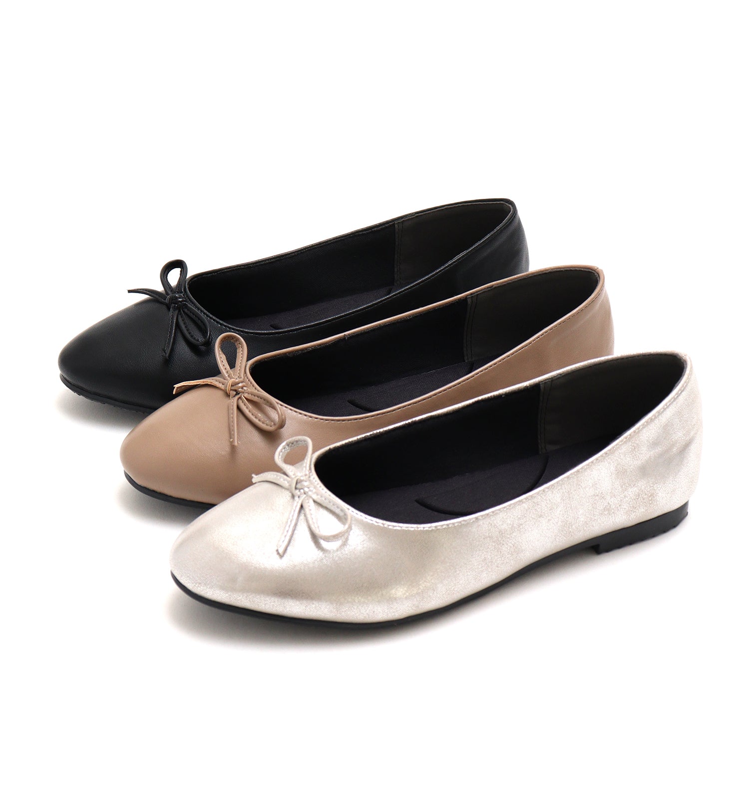 Mashugirl [4E wide/large size] Round toe flat ballet shoes with ribbon