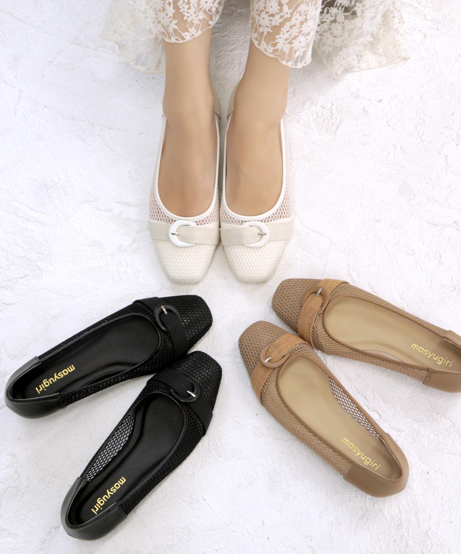 Mashugirl masyugirl [4E wide/large size] 2.5cm heel mesh pumps