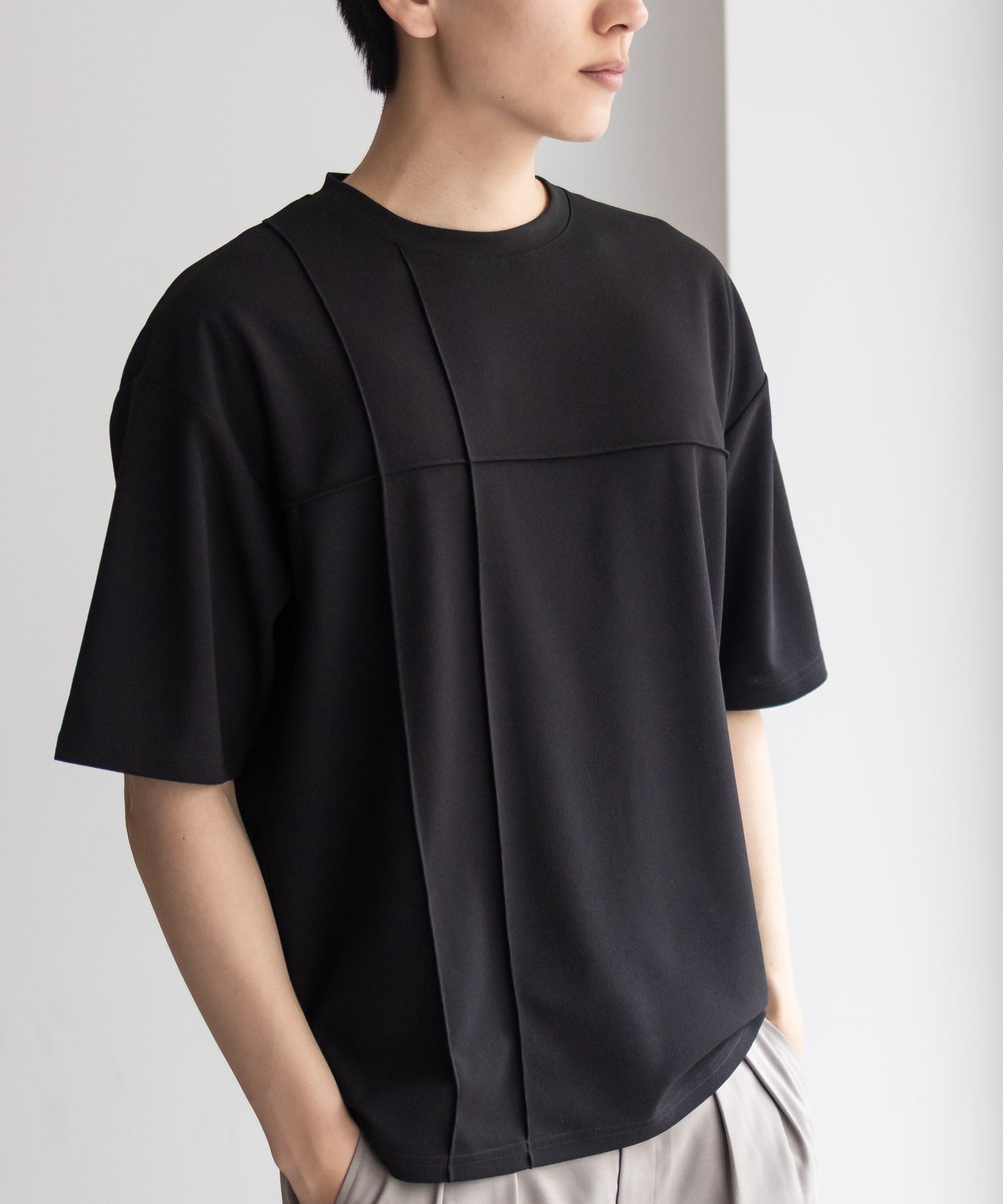 マックハウス Mac-House AIR Smoosy カットジョーゼットピンタックテーパードTシャツ （ブラック） ブラック