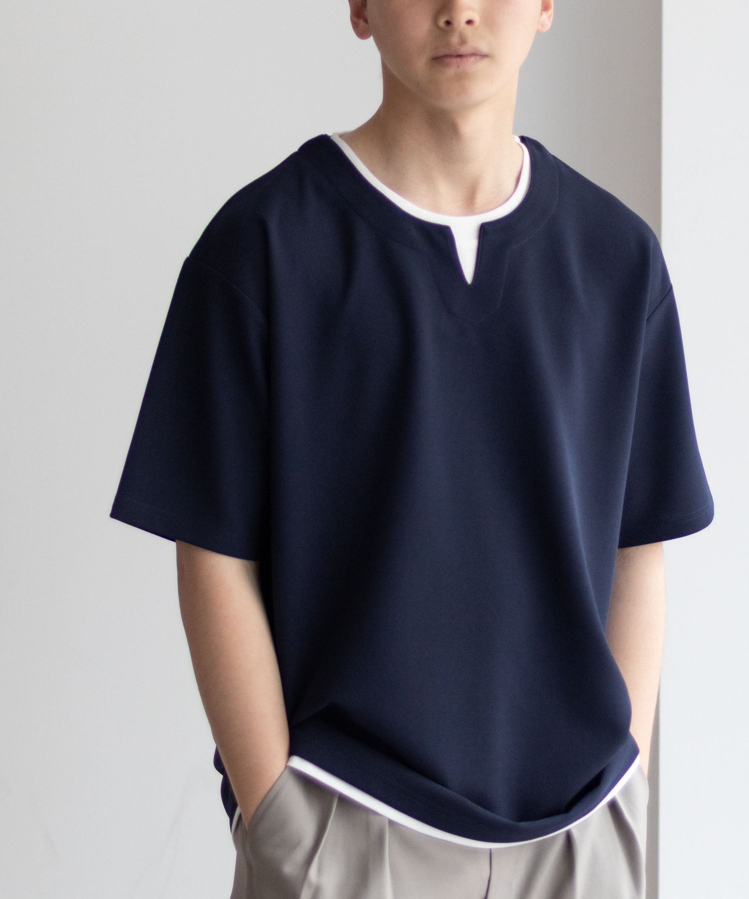 マックハウス Mac-House NAVY 接触冷感 キーネックフェイクレイヤードTシャツ （ネイビー） ネイビー