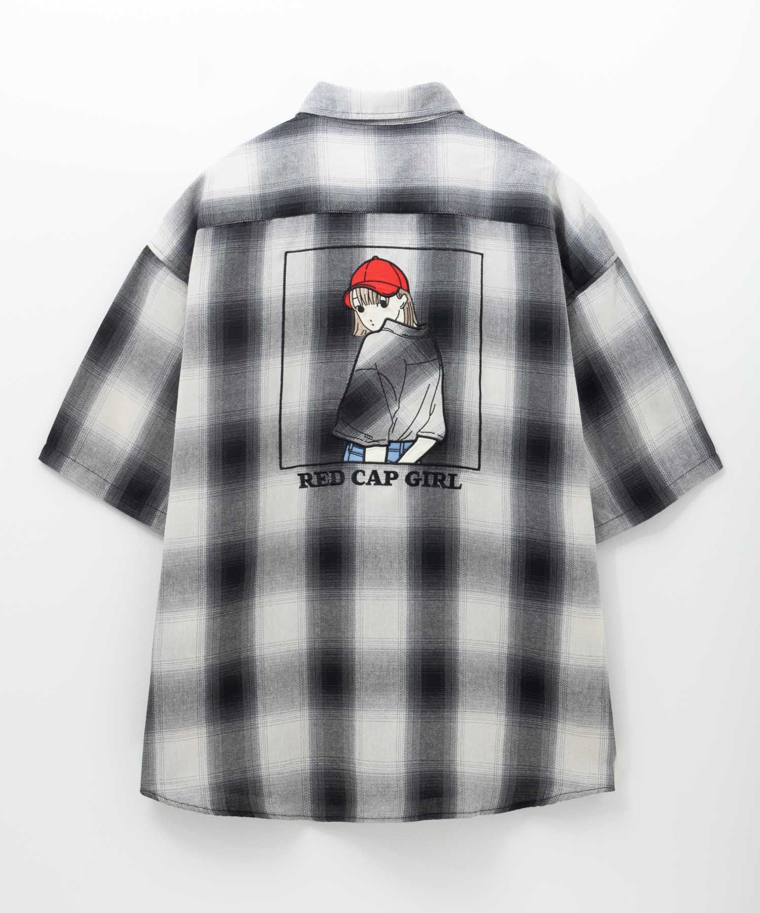 マックハウス Mac-House ルーズサイズバックイラストオンブレーチェック半袖シャツ （ホワイト） ホワイト
