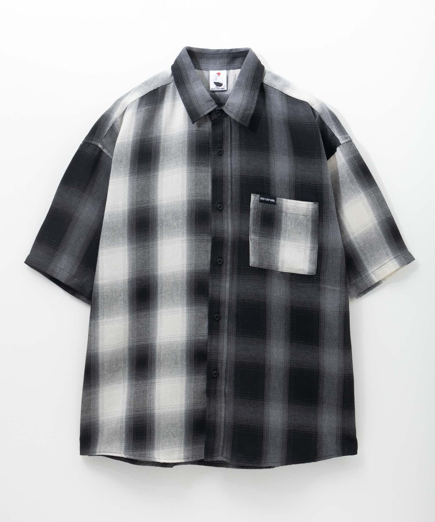 マックハウス Mac-House ルーズサイズバックイラストオンブレーチェック半袖シャツ （ホワイト） ホワイト