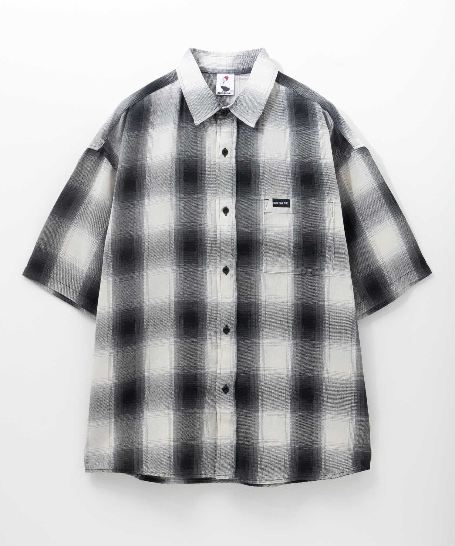 マックハウス Mac-House ルーズサイズバックイラストオンブレーチェック半袖シャツ （ホワイト） ホワイト