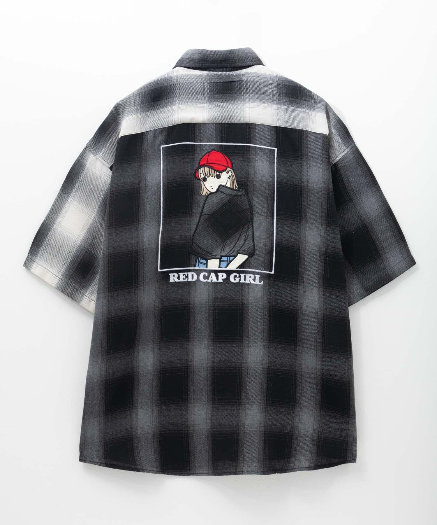 マックハウス Mac-House ルーズサイズバックイラストオンブレーチェック半袖シャツ （グレーMIX） グレーMIX