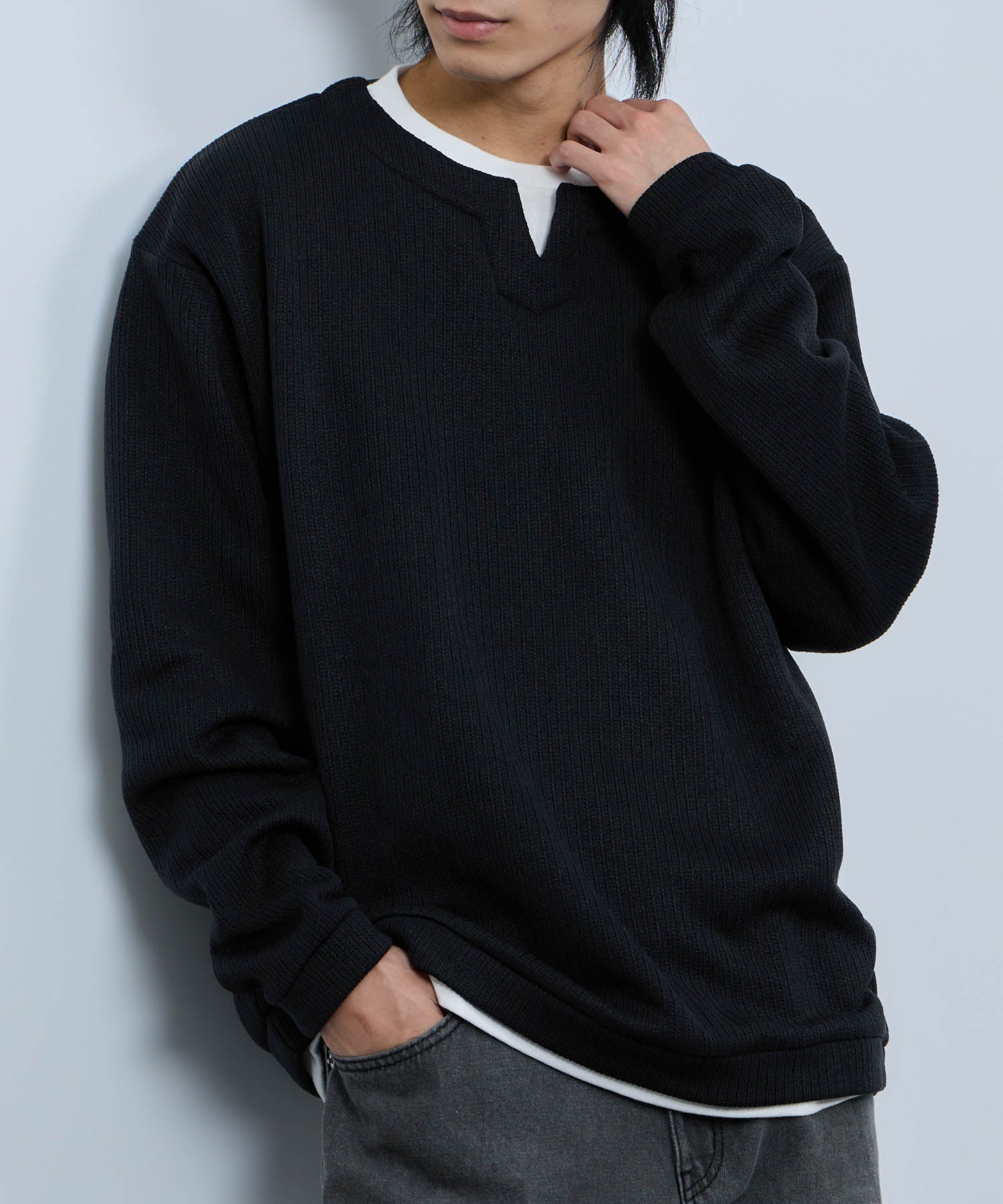 マックハウス Mac-House 針抜き裏起毛フェイクキーネックトレーナー （チャコールグレー） チャコールグレー