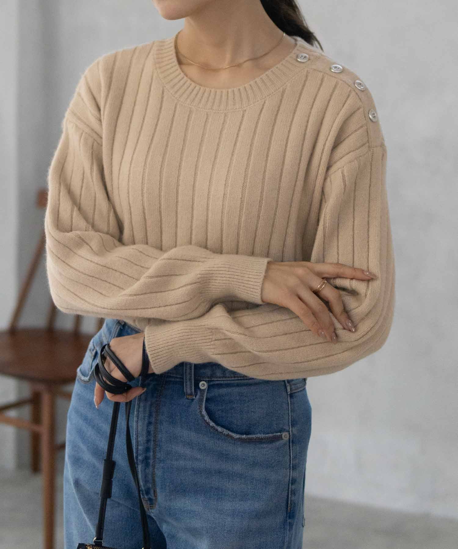 マックハウス Mac-House nAvy もちり もちもち 洗えるニット 肩ボタンクルーネック